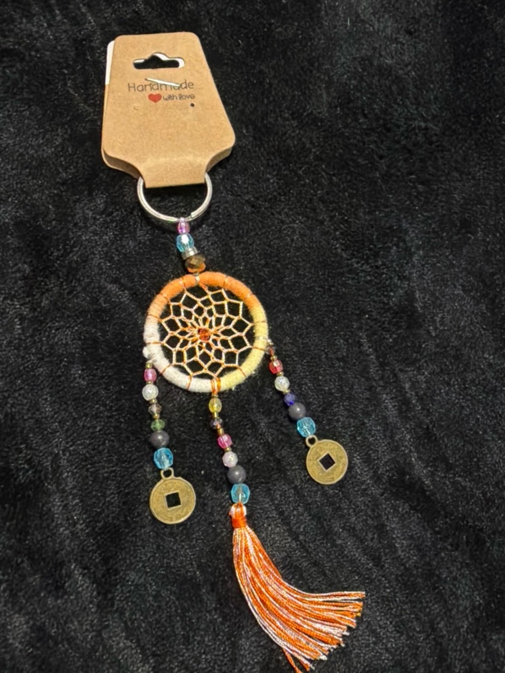 Handmade Orange Dreamcatcher Keychain with Tassel